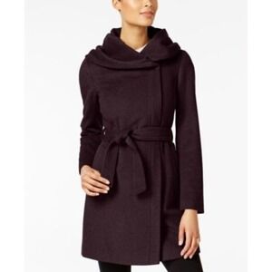 Cole Haan Signature Burgundy Wool Blend Hooded Wrap Belted Coat Womens 12